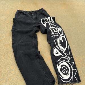 Vintage Hand-Painted Black Jeans with Abstract Graphic Print